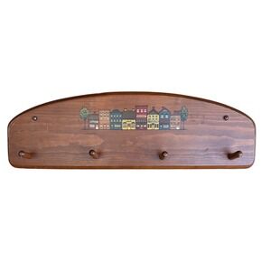 VTG Wood Coat Rack Village Scene‎ Wall Mount Arched Cottage Americana Folk Art